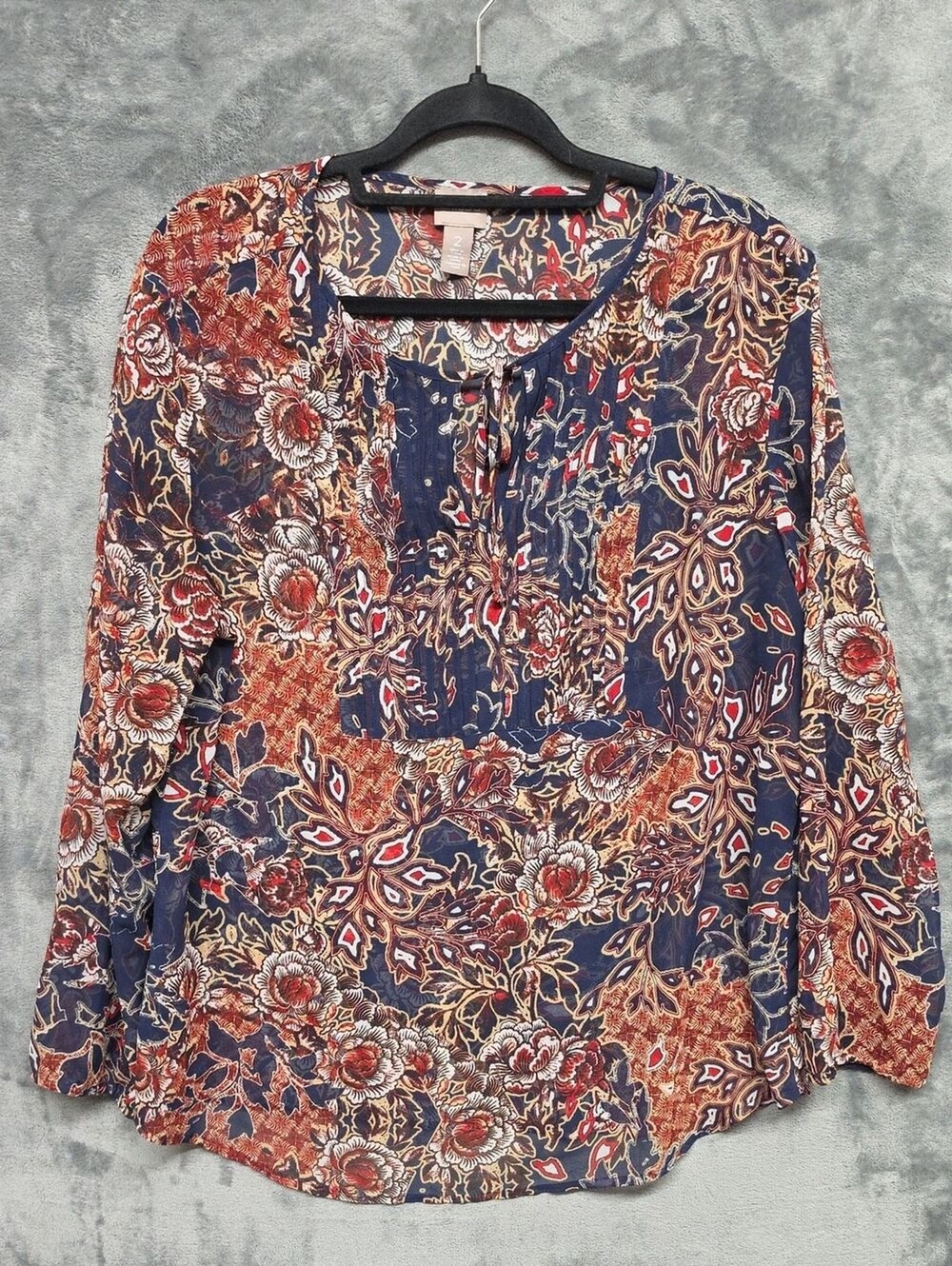Chico's Navy and Rust Floral Split-Neck Tunic